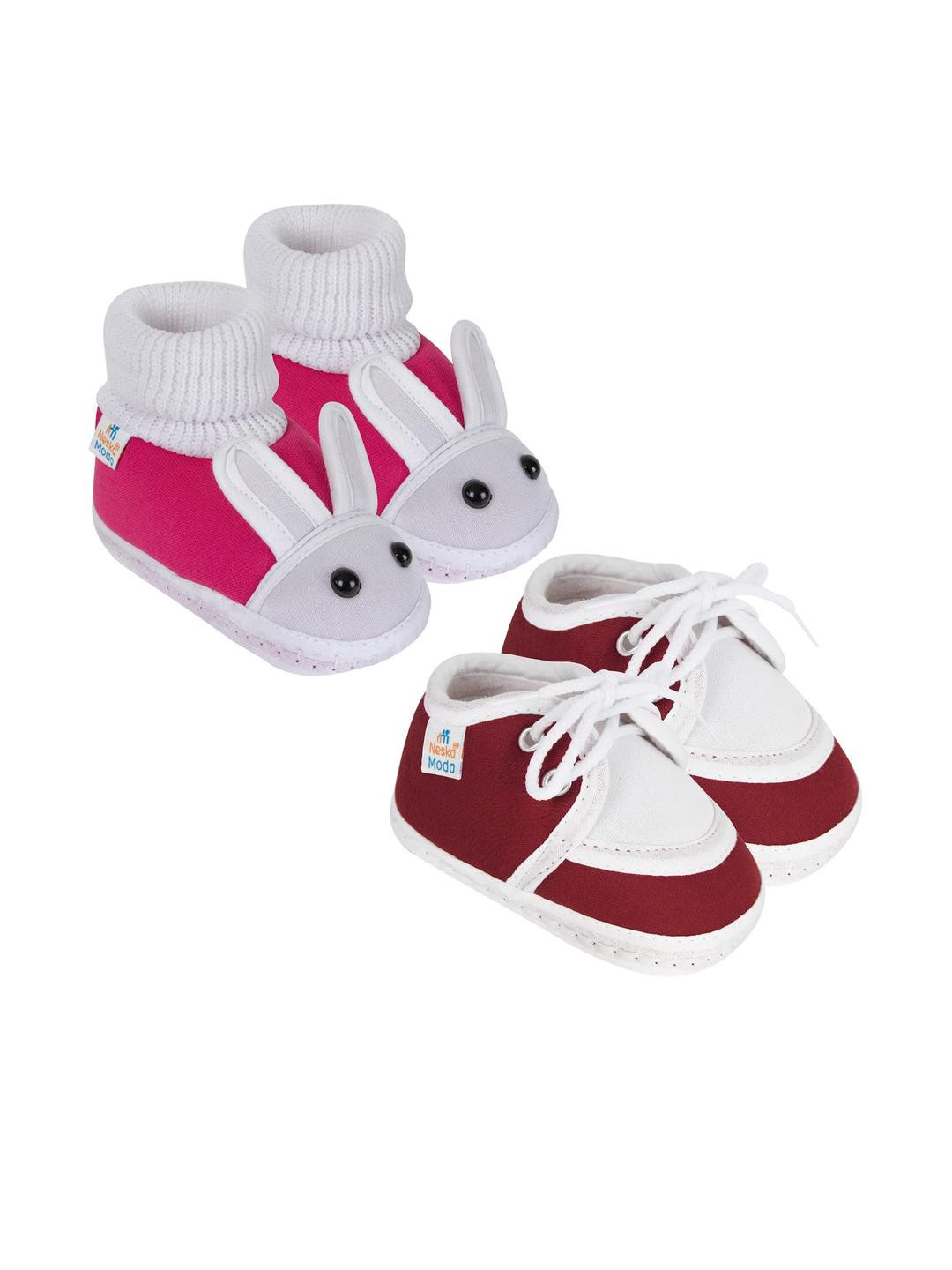 NESKA MODA Unisex Kids Set Of 2 Pink & Maroon Bunny Lace Ups Cotton Booties