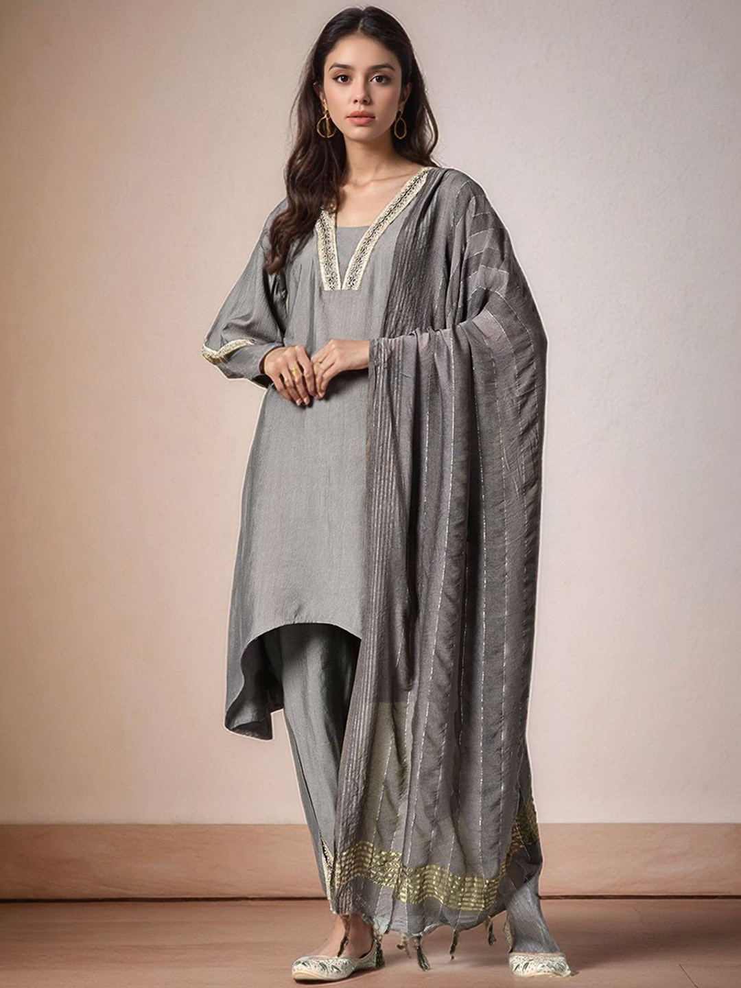 HERE&NOW Women Yoke Design Flared Sleeves Thread Work Kurta With Dhoti Pant & Dupatta