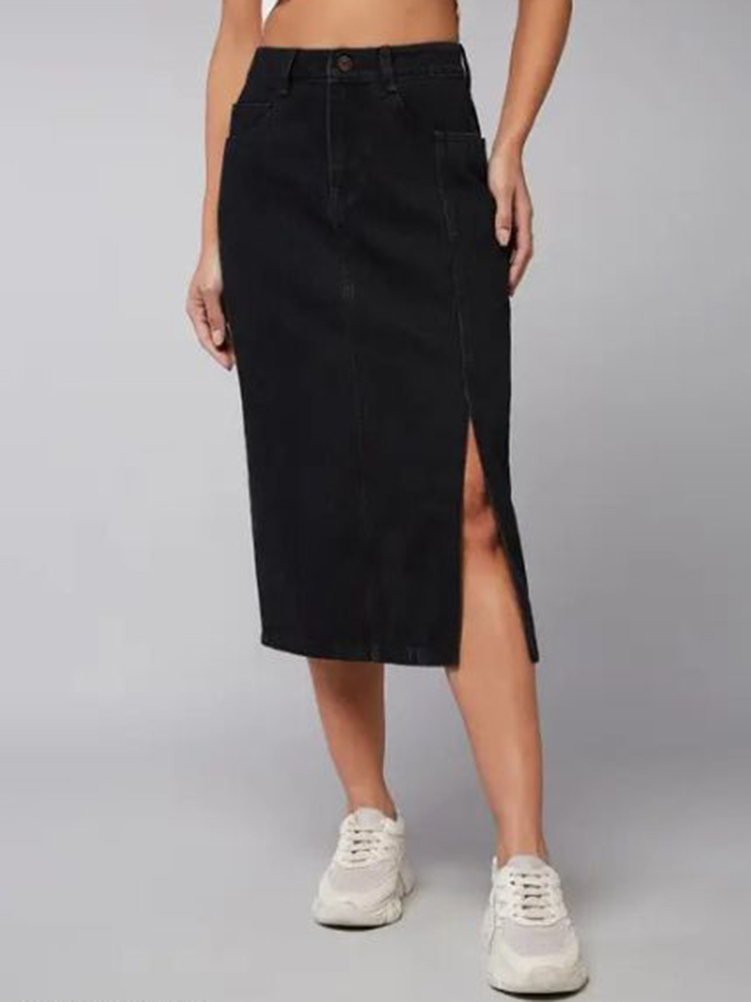 CHALODIA Women Denim High-Waist Pencil Cut Out Midi Skirt