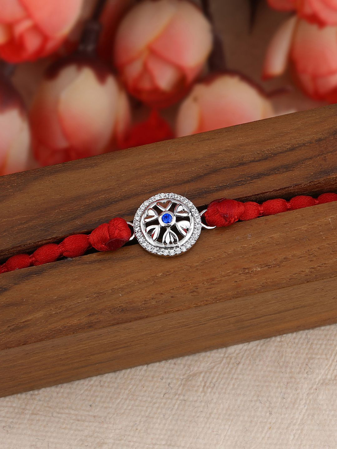 MAIRA 925 Sterling Silver Artificial Stones Studded Circular Shaped Thread Rakhi