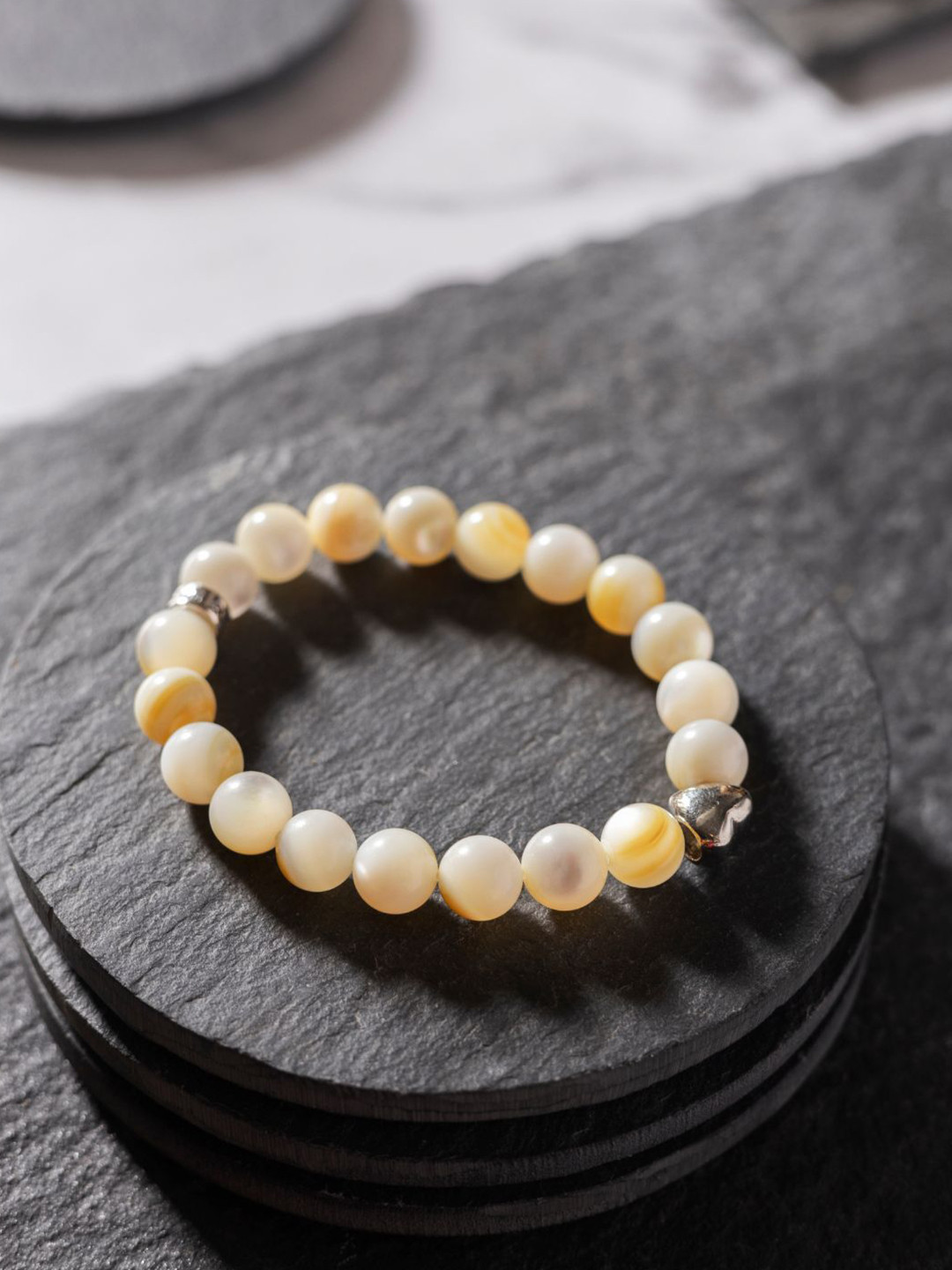 Stone Story By Shruti Unisex 925 Silver Rhodium-Plated Mother Of Pearl Beaded Bracelet