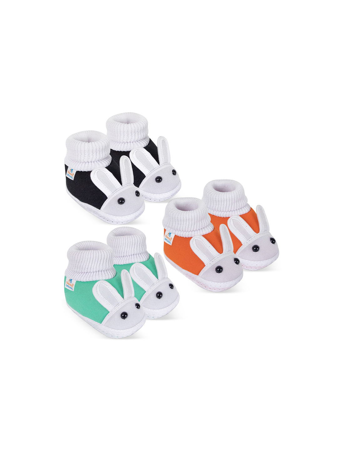 NESKA MODA Unisex Kids Pack of 3 Green Orange & Black Cotton Rabbit Face Slip On Booties