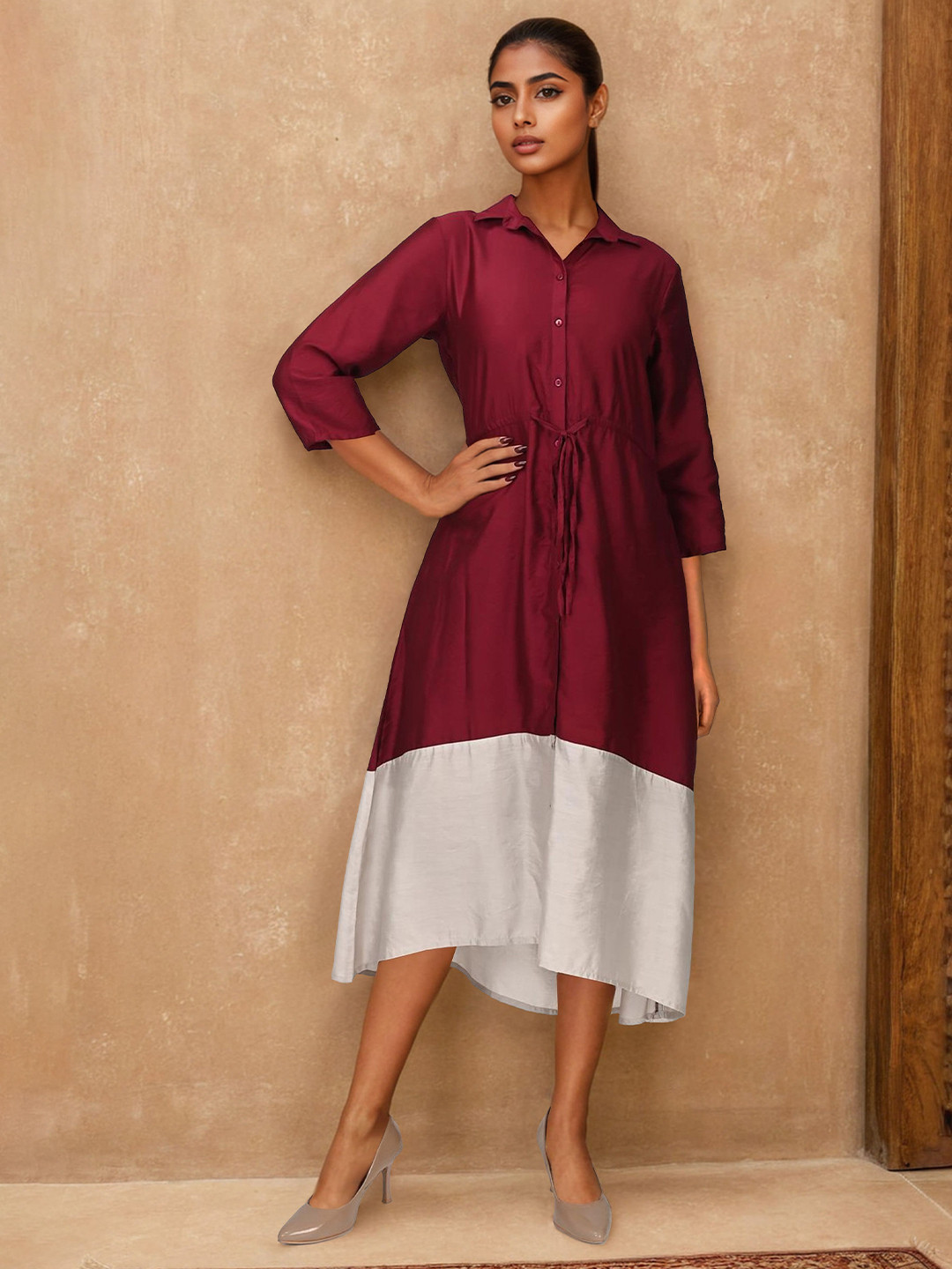 Dora Dori Colourblocked Shirt Collar Shirt Midi Dress