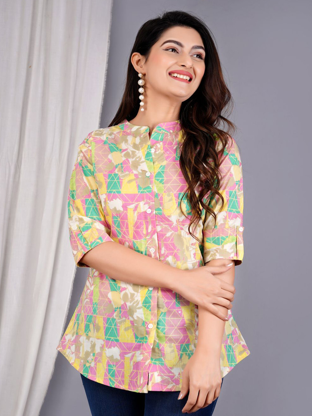 Gamyam Women Geometric Printed Mandarin Collar Shirt Style Longline Top
