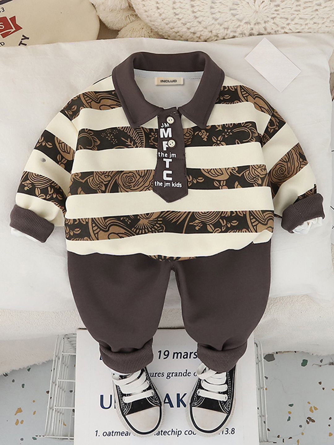 INCLUD Boys Stripes Polo T-Shirt With Attached Neck Tie & Joggers