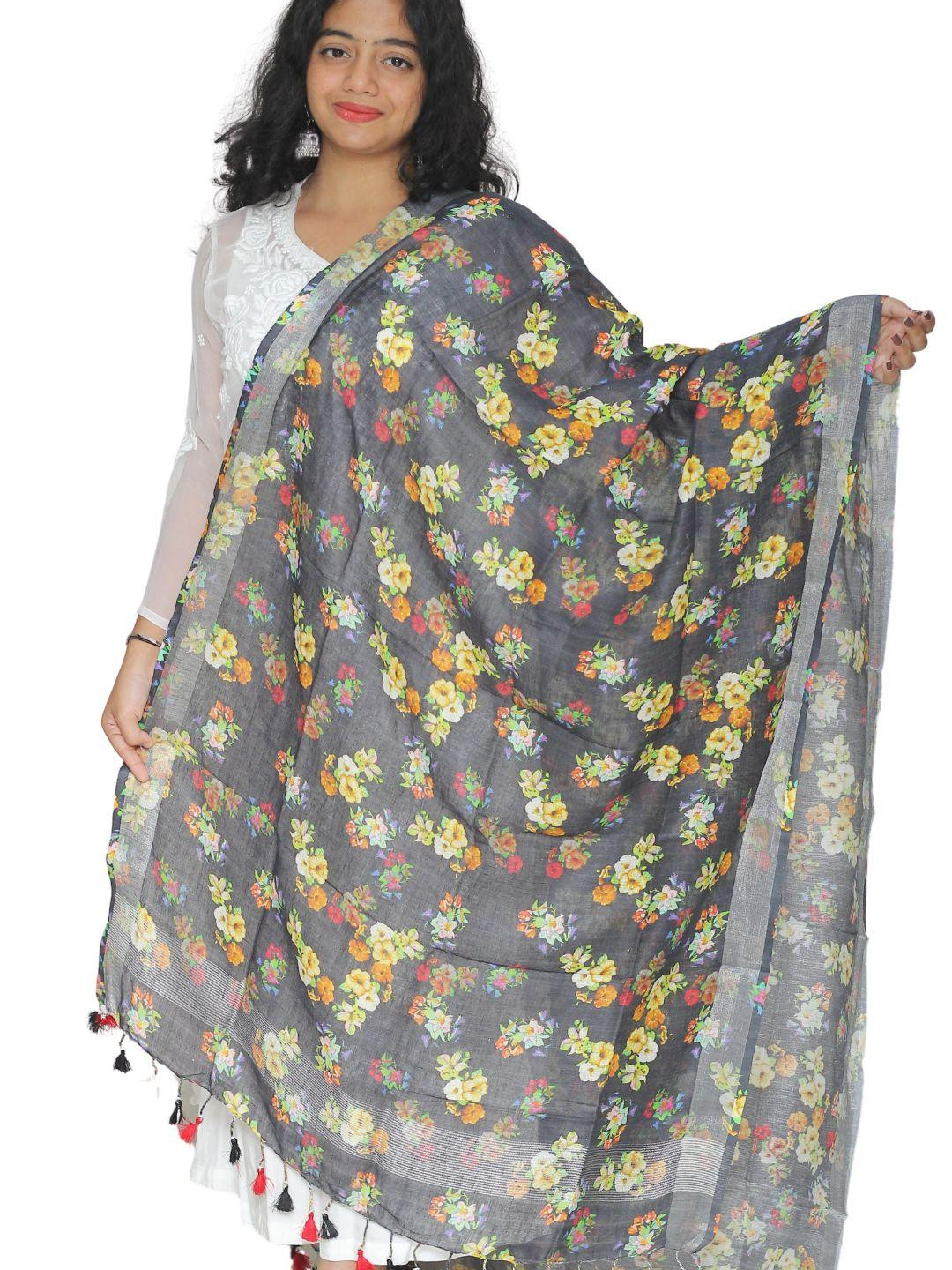 Tisser black and yellow Pure Linen Digital Print with Silver Border Dupatta