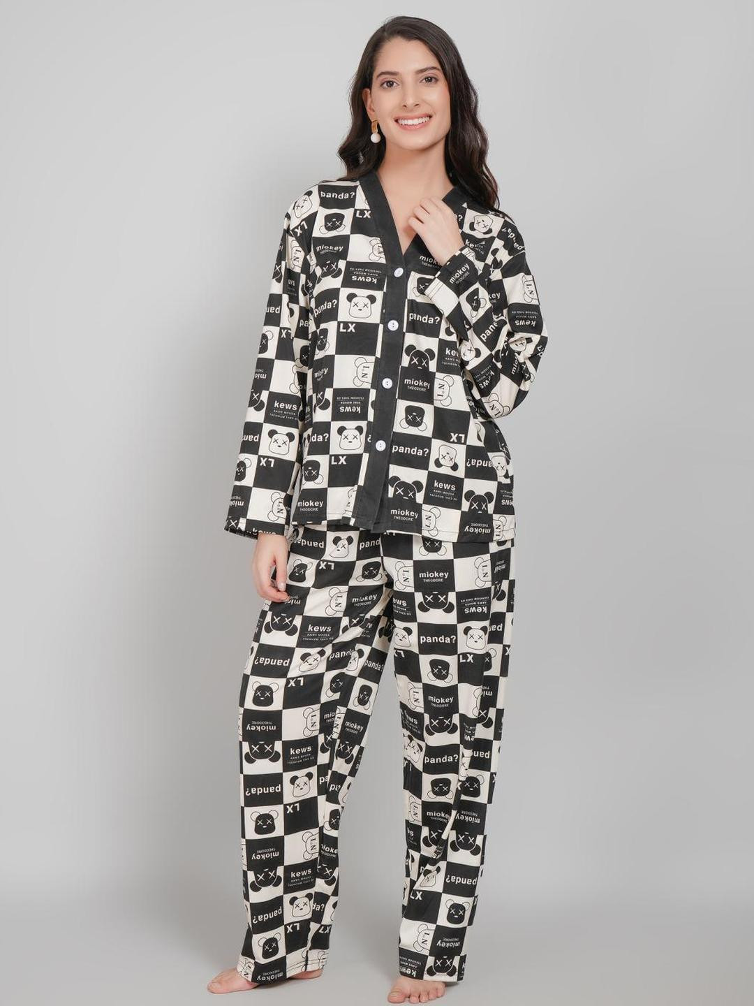 Lugo Women Black & White Panda Printed Night suit