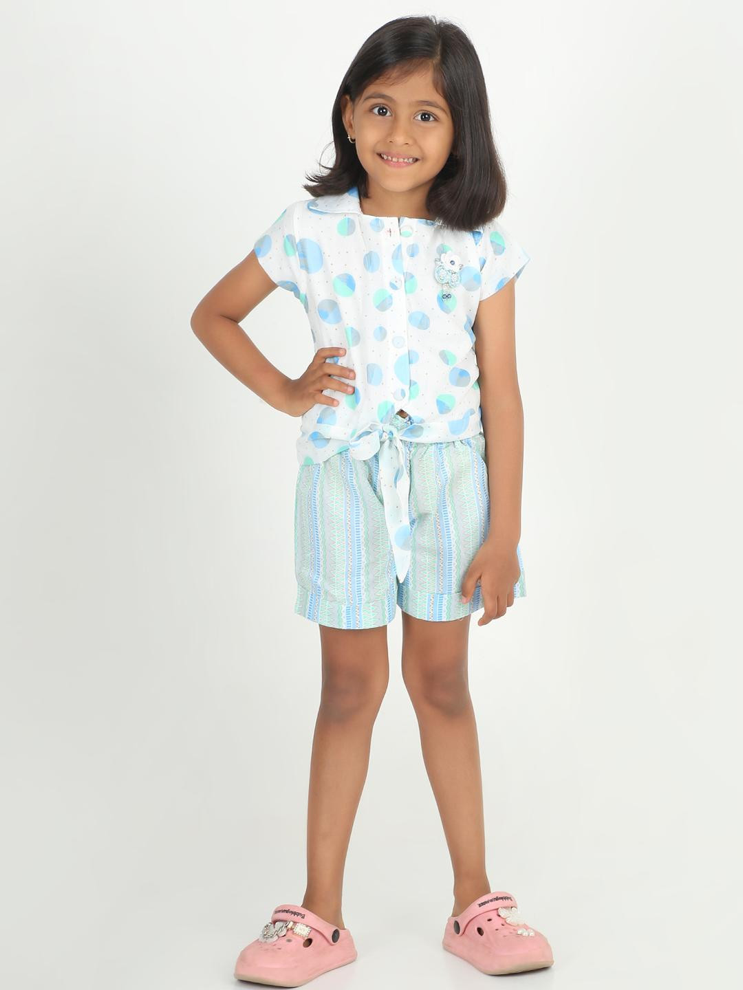 Be Kids Girls Round Neck Short Sleeves Blue Floral Knit Top with Striped Casual Shorts Set