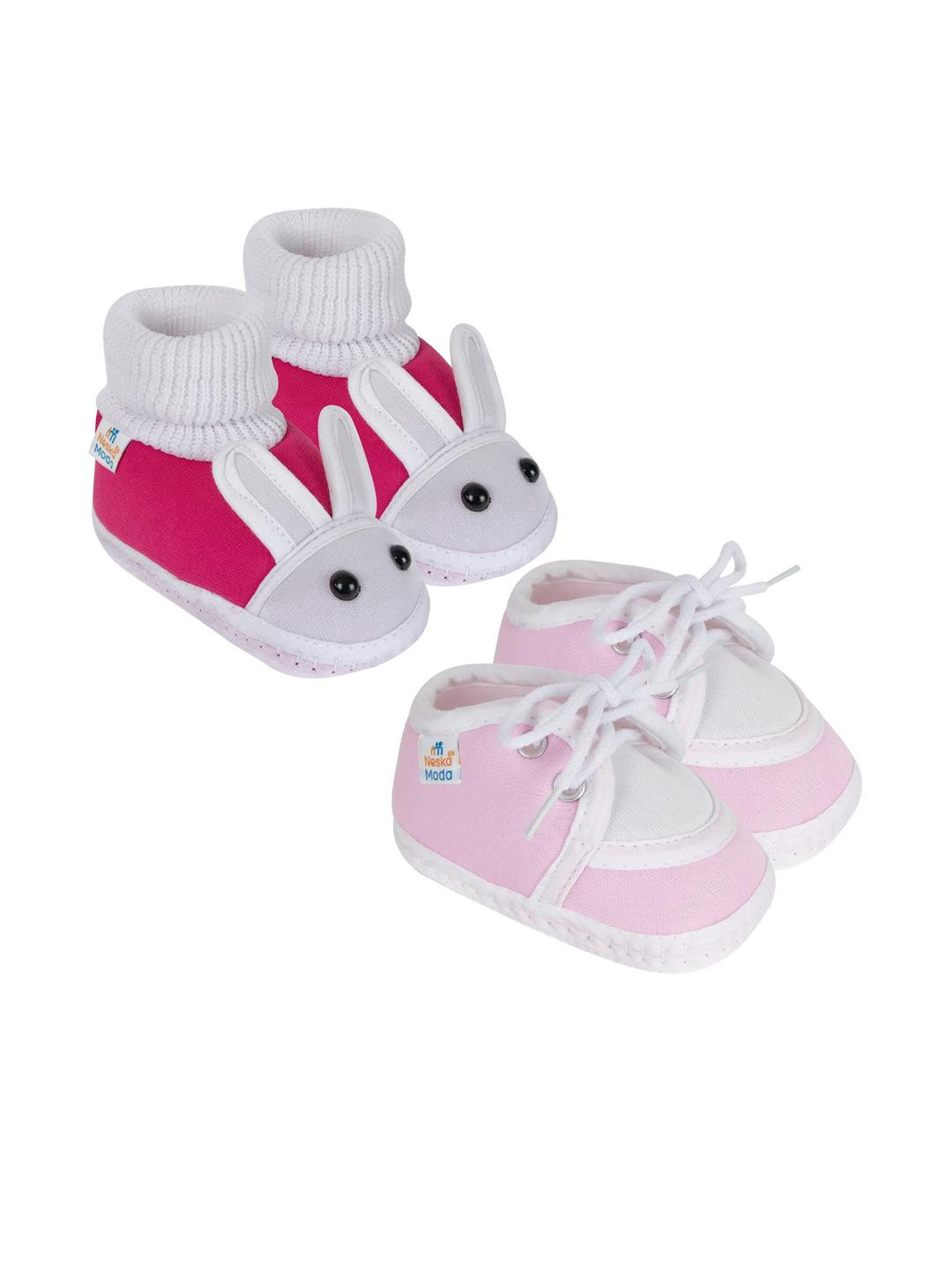 NESKA MODA Kids 2 Pair Baby Pink & Rani Cotton Lace Shoe Booties