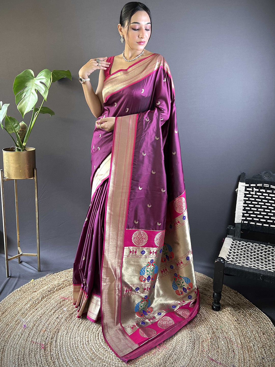 KALINI Wine Paithani Silk Saree With Unstitched Blouse