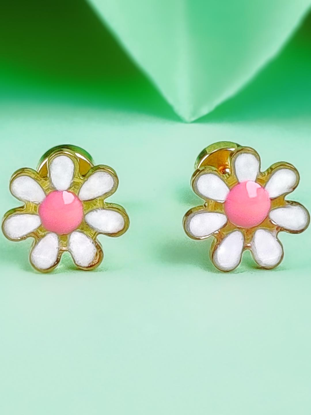 LOLO LePA Gold Plated Stainless Steel  White And Pink Daisy Floral Design Studs Earrings