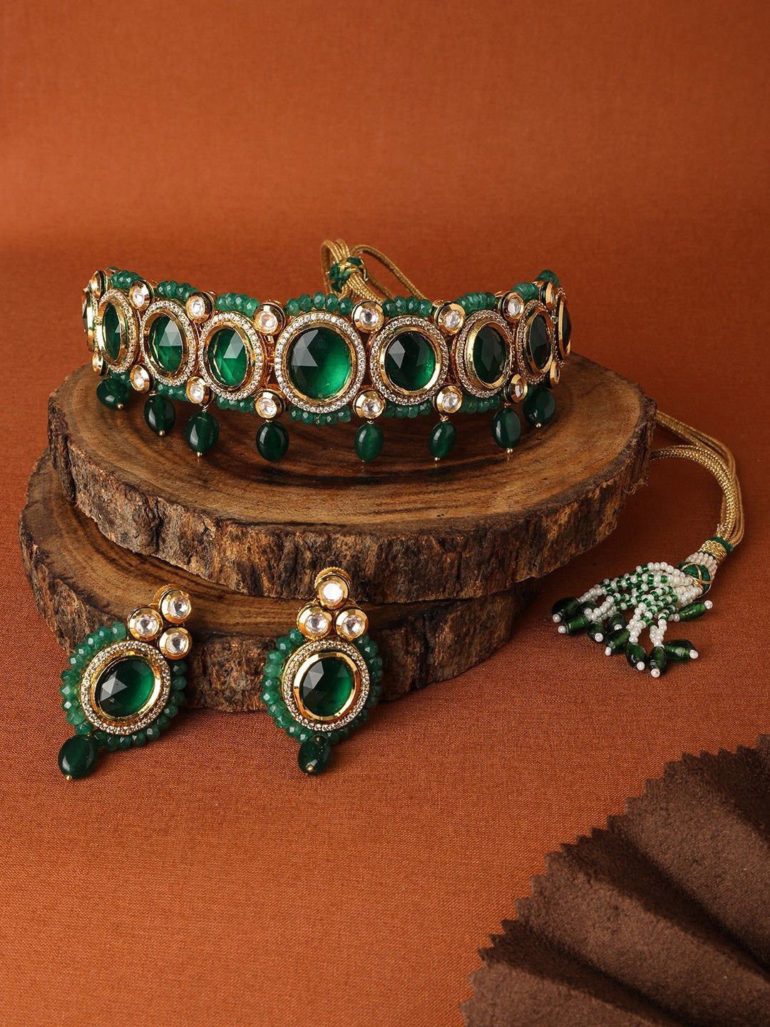 IKSAVA Gold-Plated  Kundan & Emrald  Studded Choker Necklace And Earrings