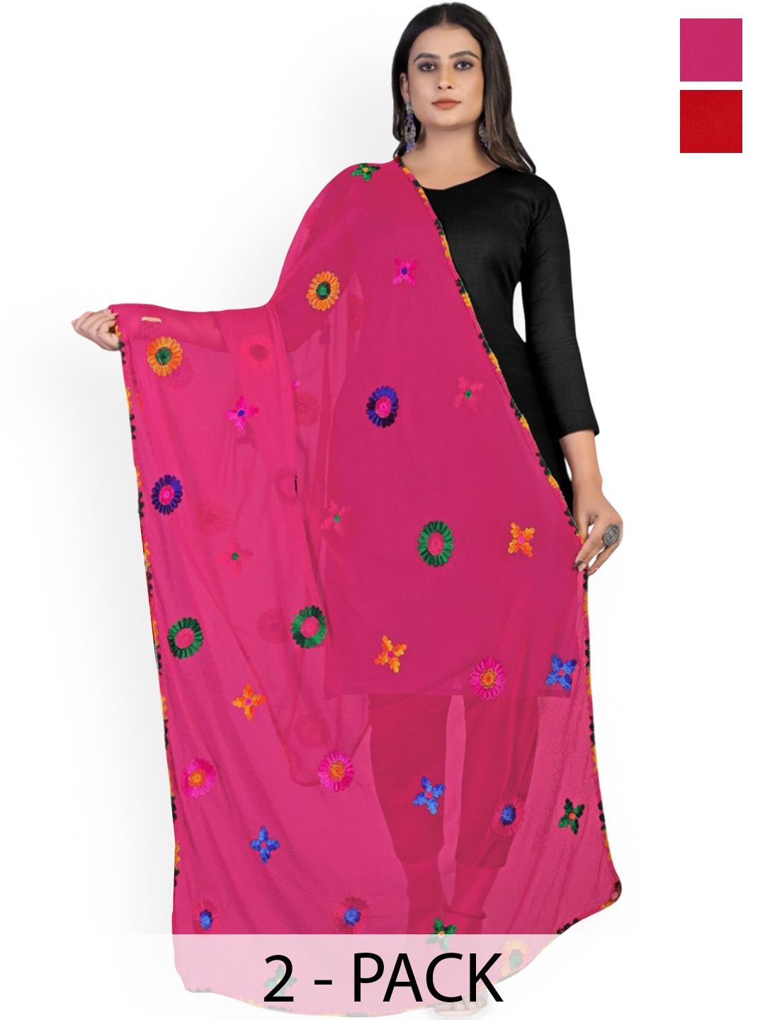 Kemza Selection Of 2 Phulkari & Floral Embroidery Chiffon Dupattas