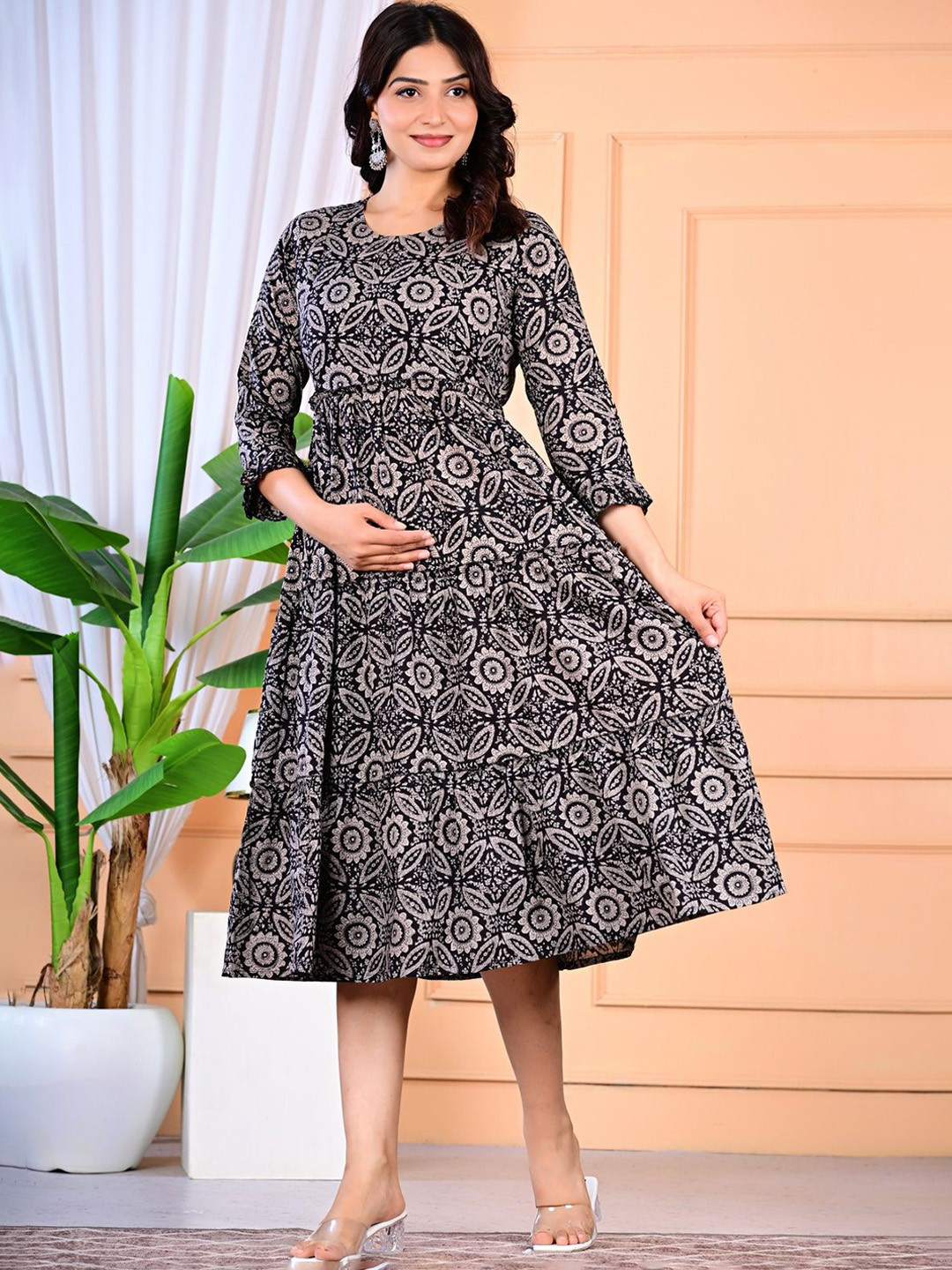 L.H HANDICRAFTS Women Floral Print Maternity Fit & Flare Midi Dress
