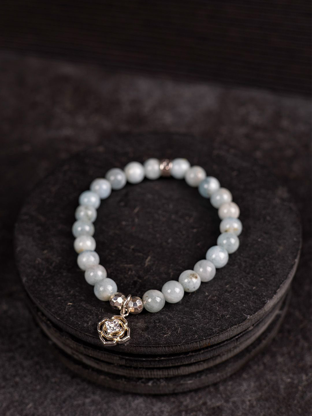 Stone Story By Shruti 925 Sterling Silver Plated Aquamarine Beaded Elasticated Bracelet