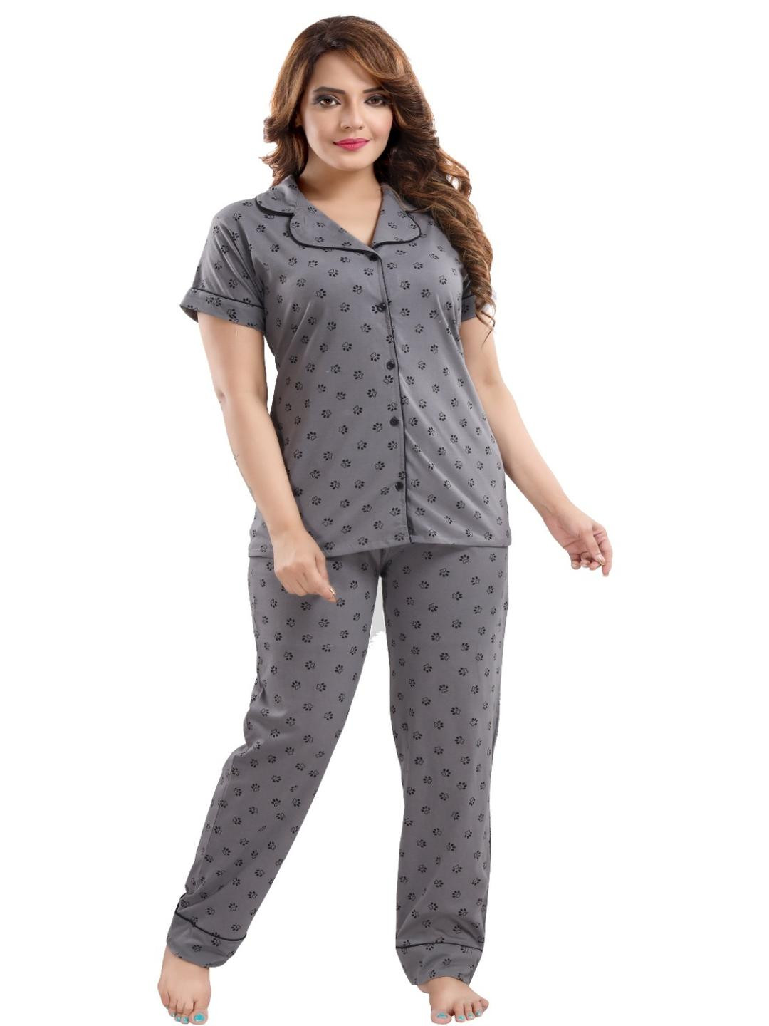 Womenoire Women Cotton Paw Printed Shirt And Pyjama Night Suit
