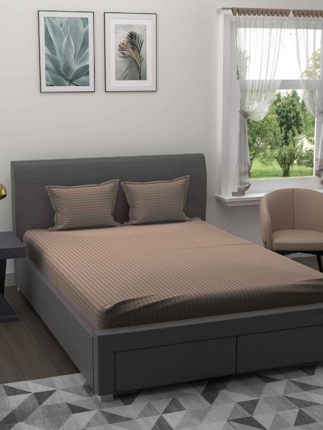 UNIQCHOICE Coffee Brown Striped Microfiber 180 TC King Bedsheet Set 2.70 m x 2.25 m