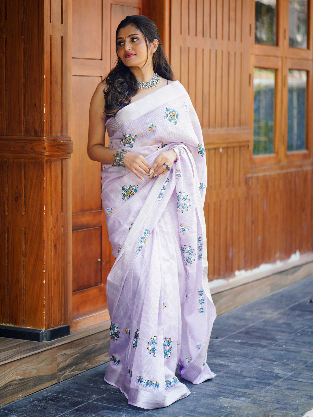 KALINI Lavender Soft Kota Silk Embroidery Work Saree With Unstitched Blouse Piece