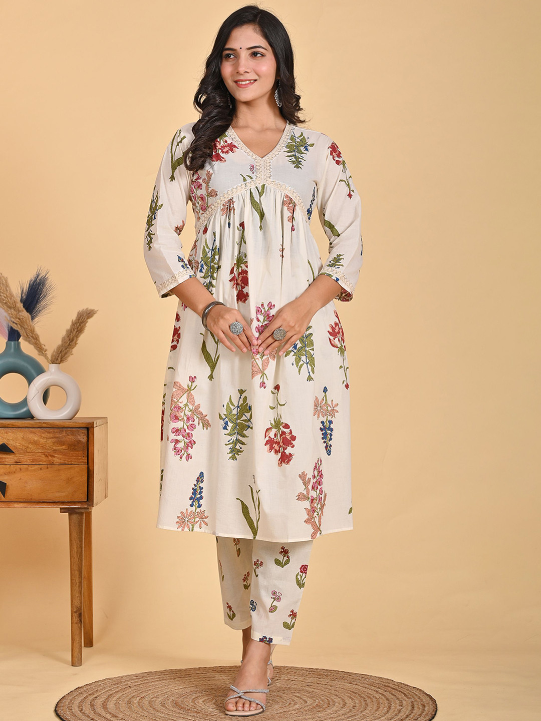 Parth F Women Textured Printed Anarkali Kurta with Trouser