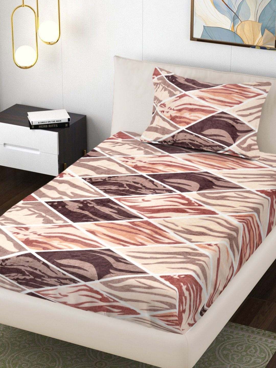 Myntra Elegant Homes Brown Printed 300TC Woolen Single Bedsheet Set 2.20 m x 1.50 m