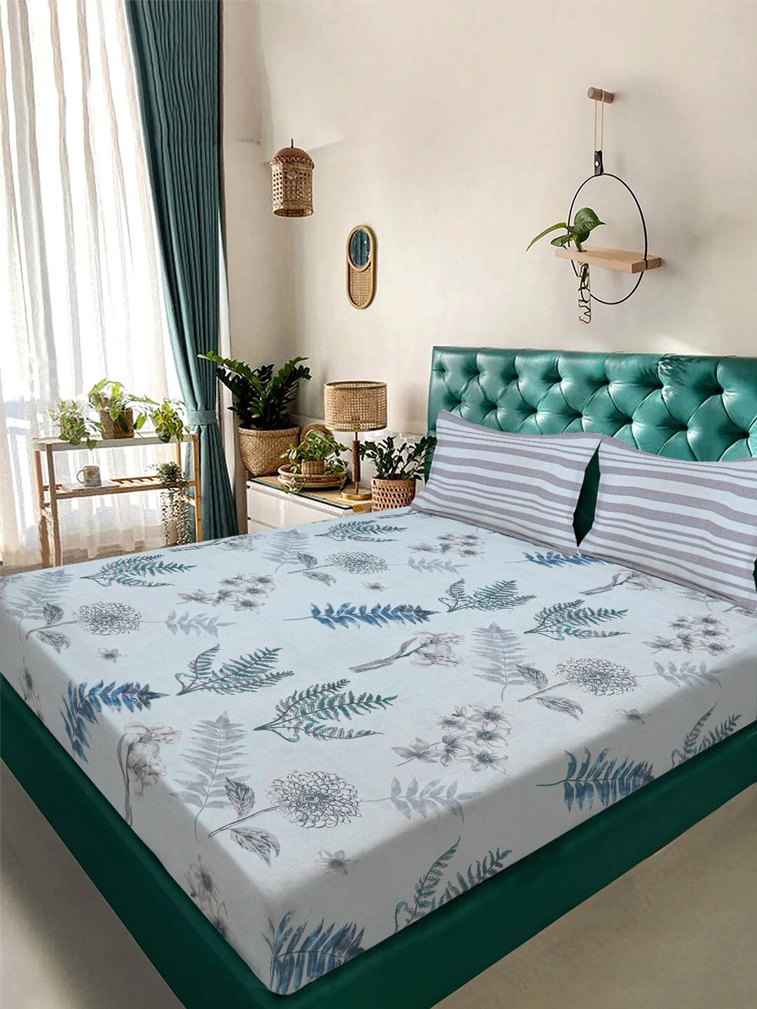KLOTTHE Blue & Grey Floral 300 TC Double Bedsheet with 2 Pillow Covers- 2.50 m x 2.25 m