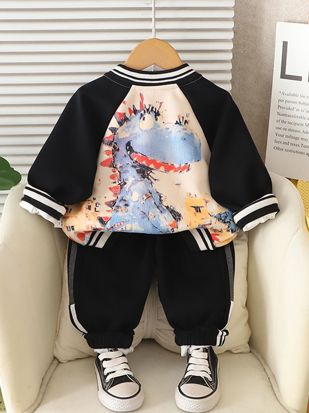 INCLUD Boys Cotton Solid Varsity Jacket With Printed T-Shirt & Joggers Set