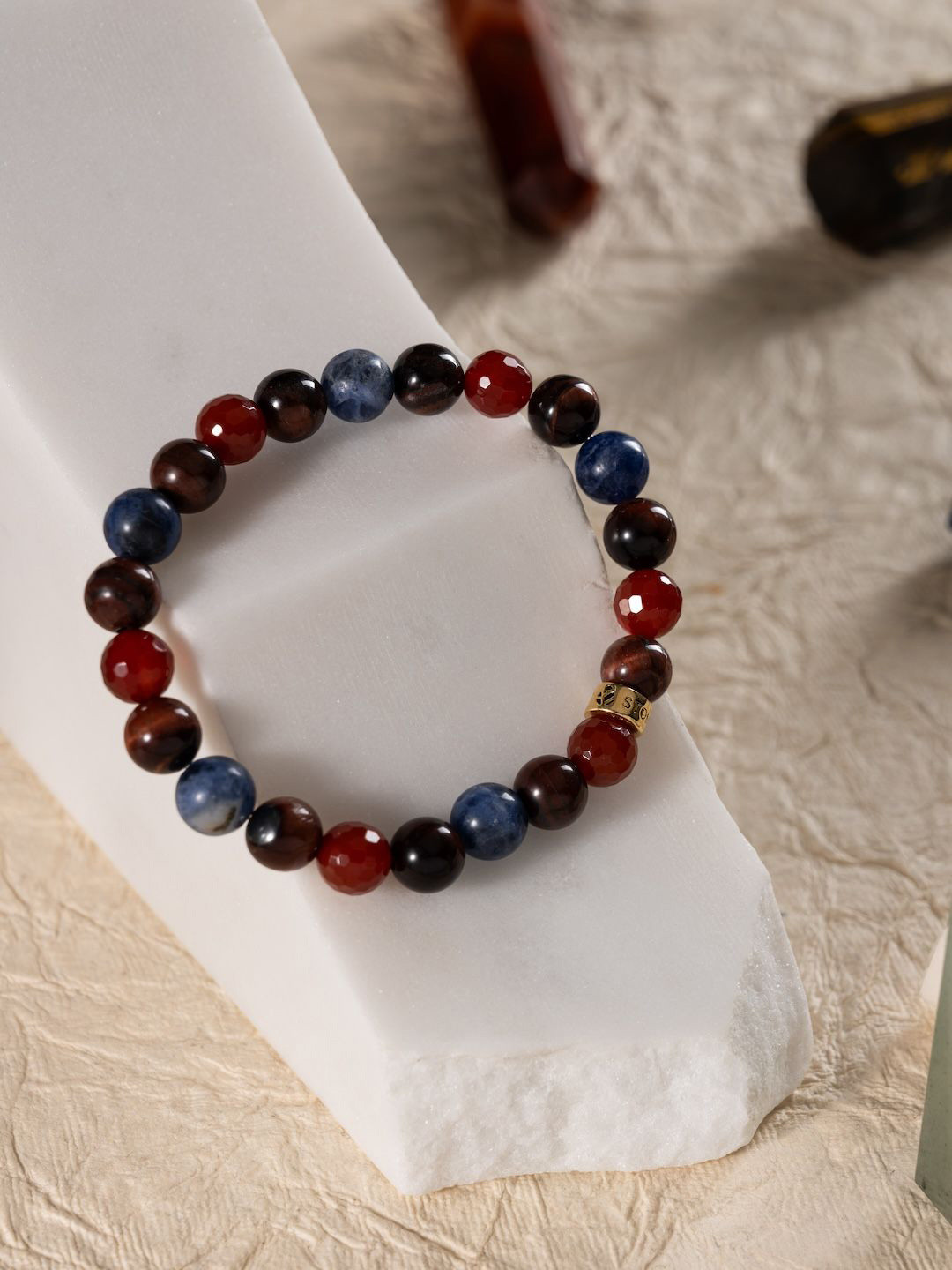 Stone Story By Shruti Unisex 925 Silver Gold-Plated Tiger Eye Carnelian Beaded Bracelet