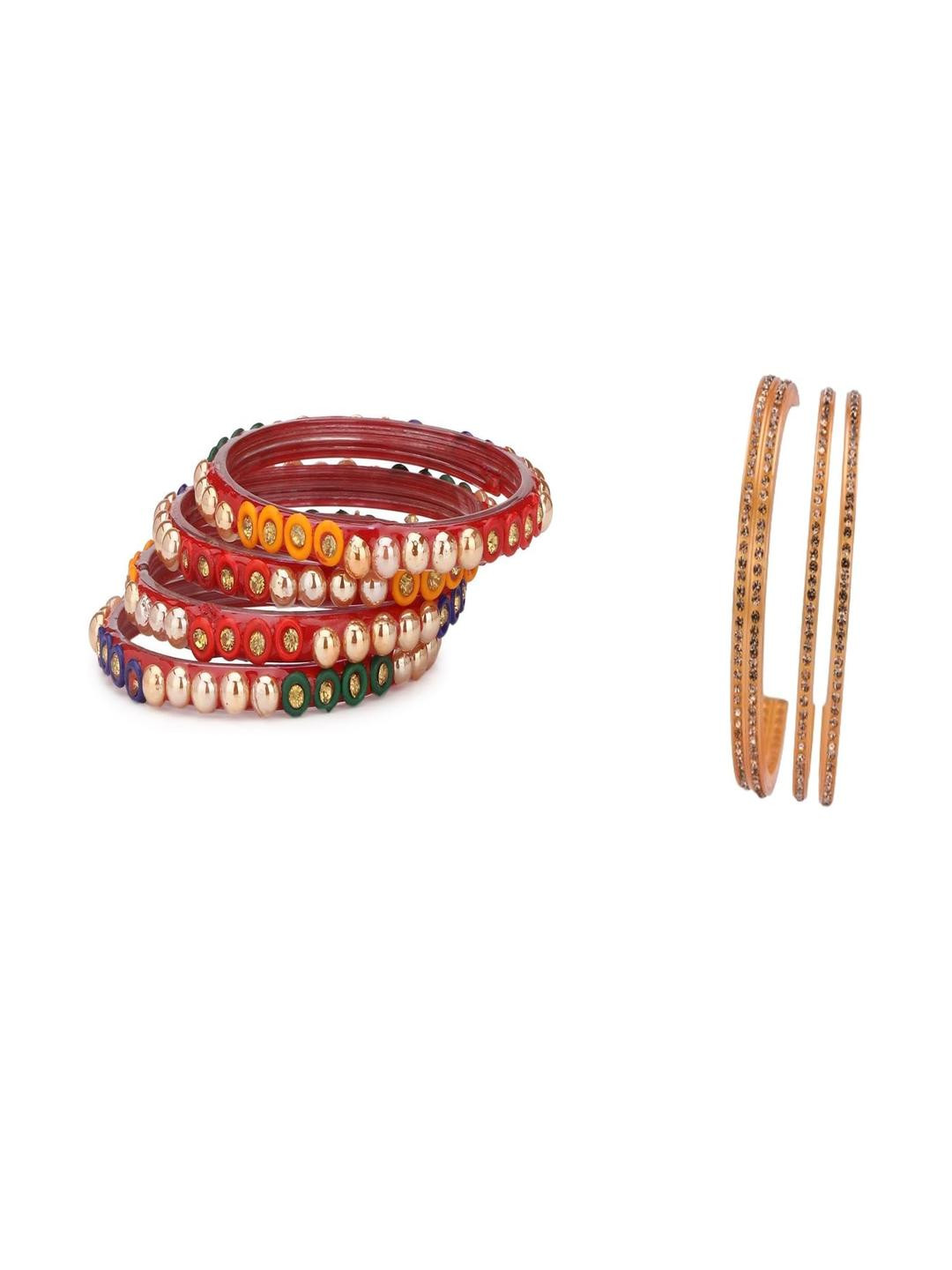 1ST TIME Set Of 2 Multicolor & Golden Glass Artificial Stones & Beads Bangles