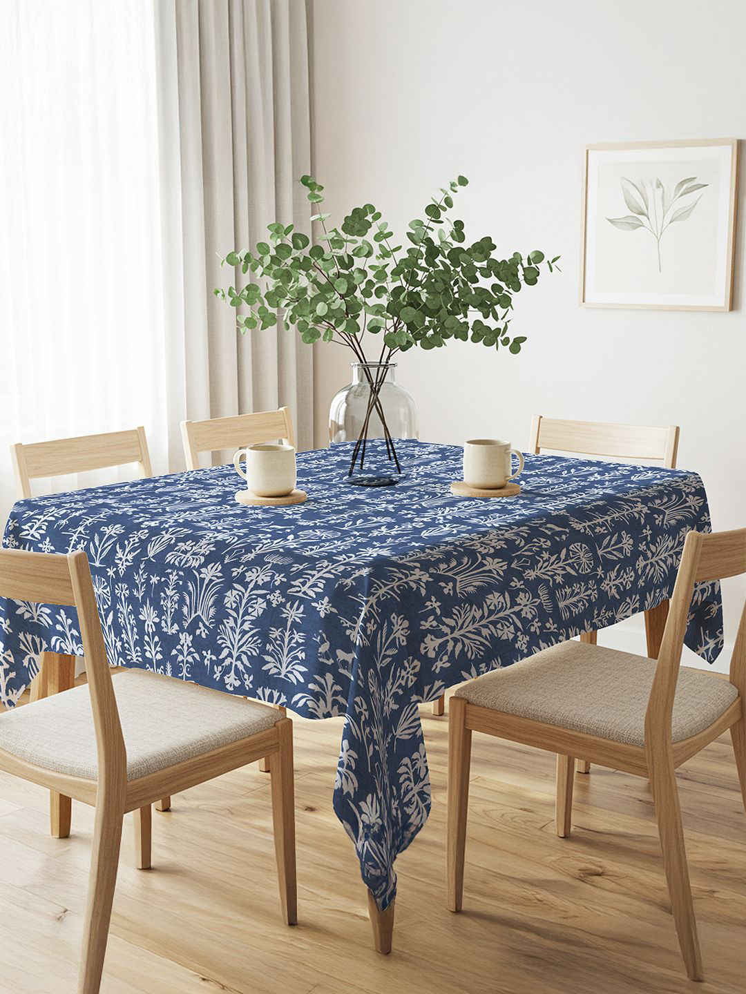 URBAN SPACE Blue Floral Anti-Slip Cotton 6-Seater Table Cover With Textured details