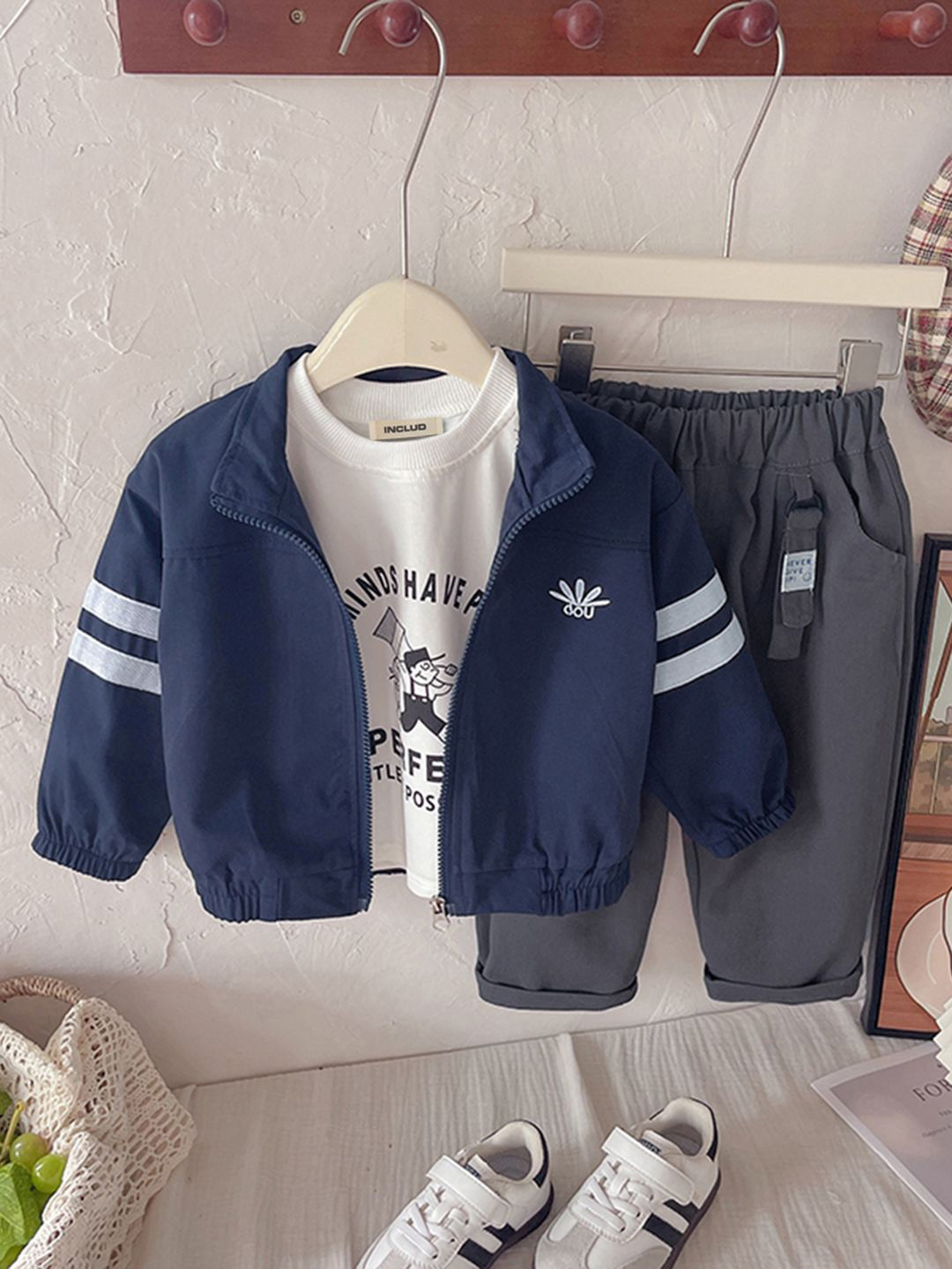 INCLUD Boys Cotton Zipper Jacket With Printed T-Shirt & Pants Set