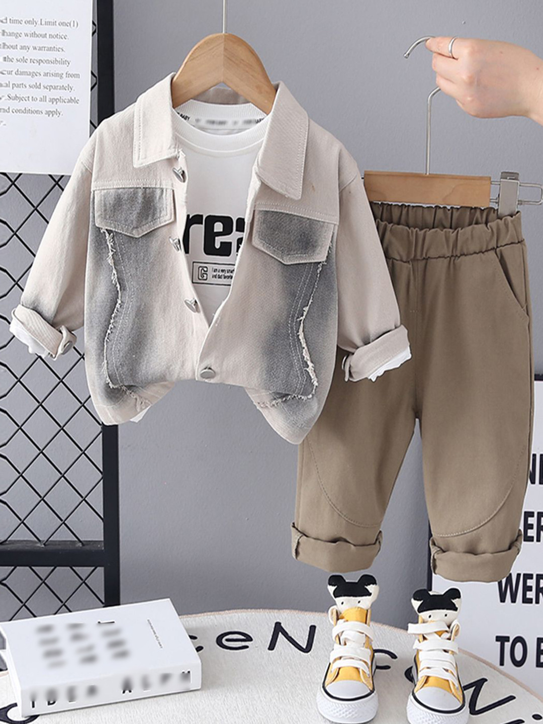 INCLUD Boys Cotton Solid Shacket With Printed T-Shirt & Pants Set