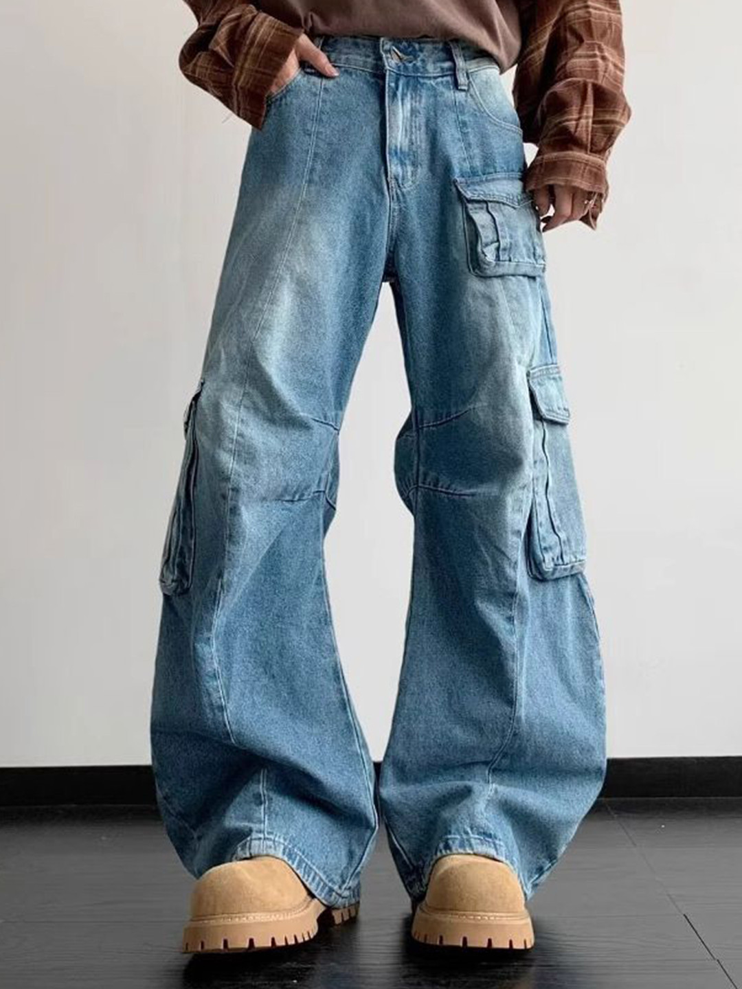 StyleCast x Revolte Men Flared Mid-Rise Light Fade Cargo Style Jeans