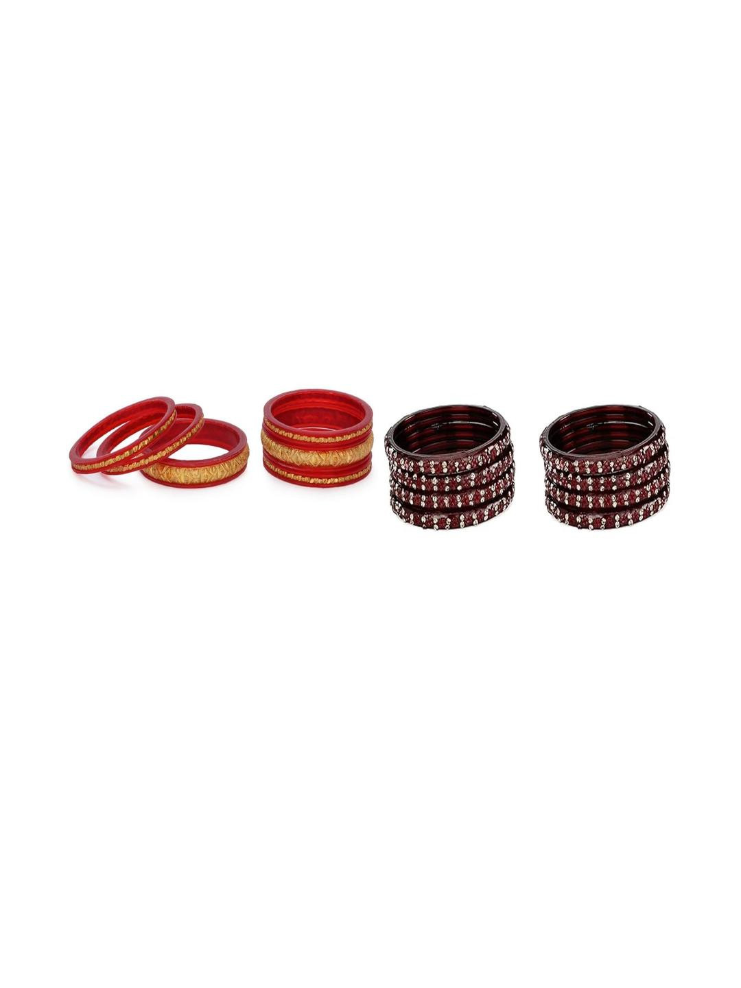 1ST TIME Set Of 2 Golden Red & Maroon Alloy Artificial Stones & Beads Bangles