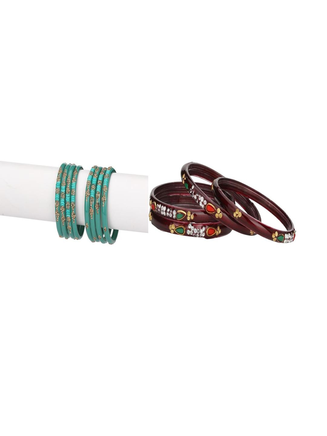 1ST TIME Women Pack Of 12 Artificial Stones & Beads Hand Decorated Glass Bangles