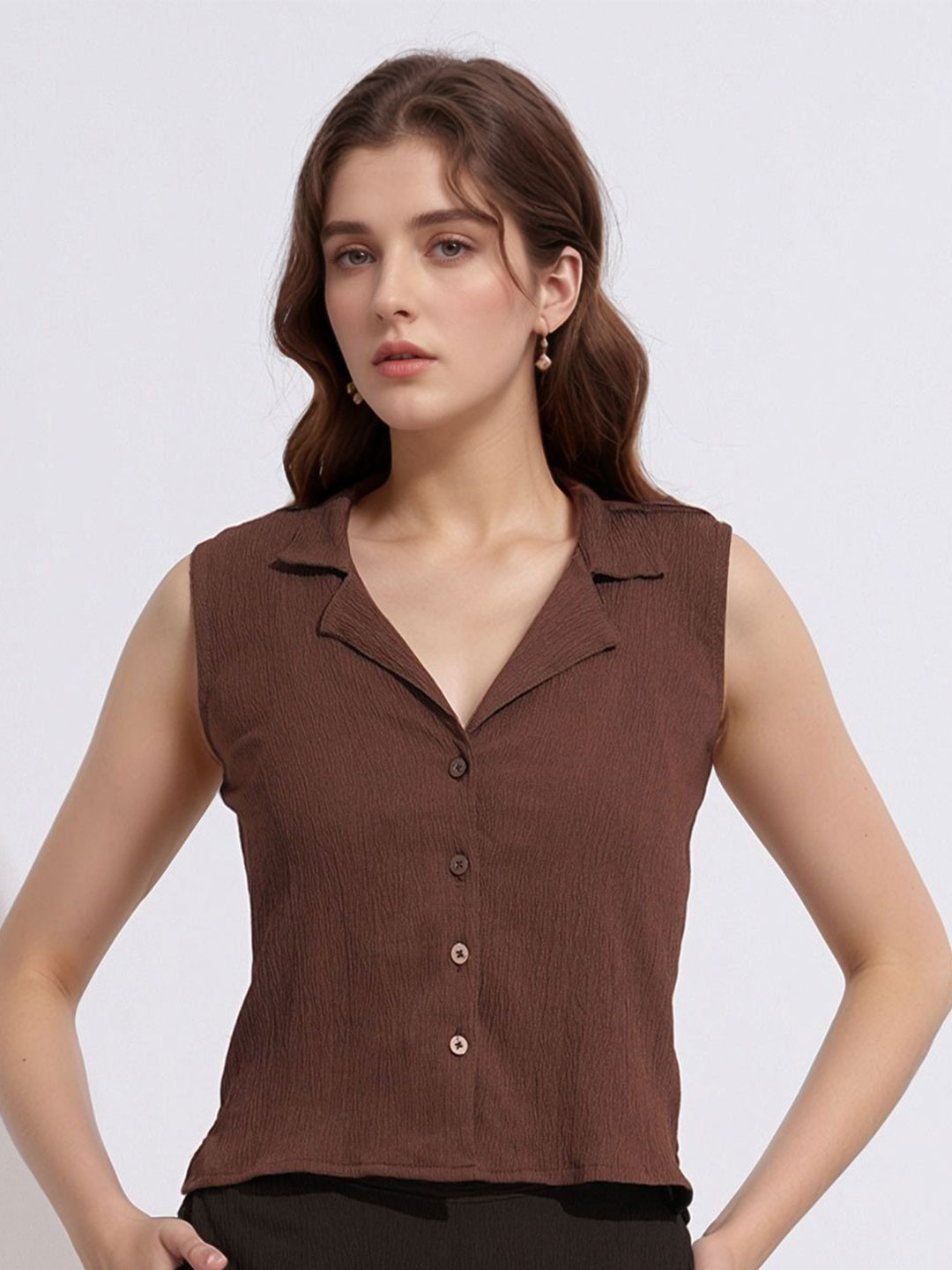 DressBerry Women Self Design Lapel Collar No Sleeves Top