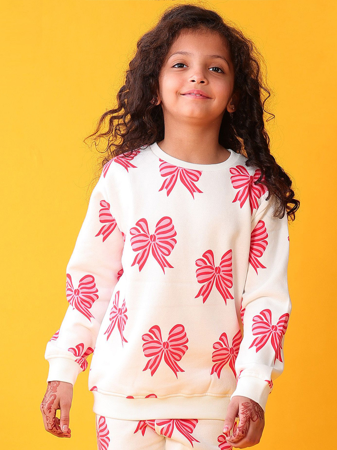 Anthrilo Girls Pink Bow Printed Fleece Sweatshirt