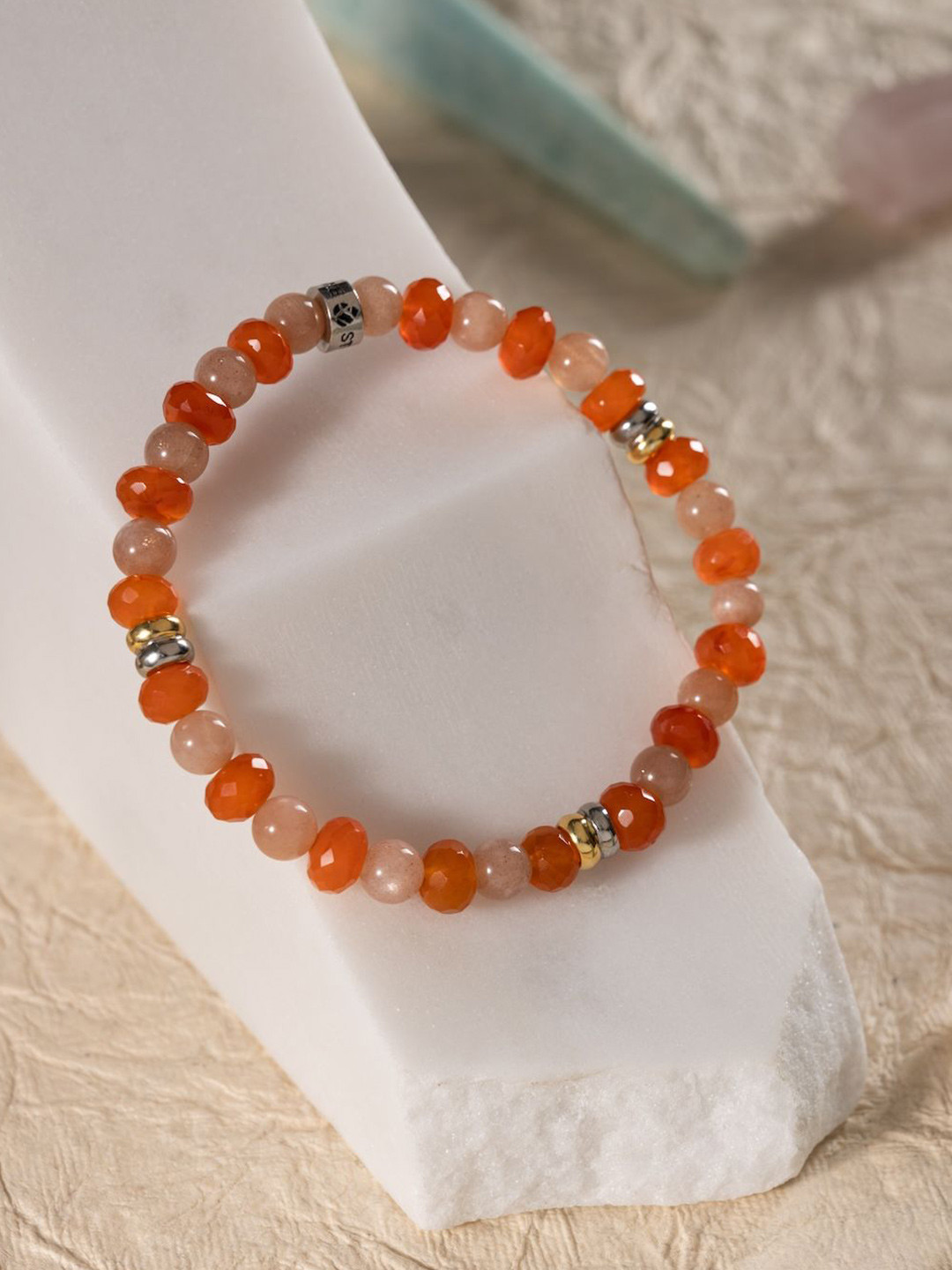 Stone Story By Shruti Unisex Sterling Silver Plated Carnelian Moonstone Beaded Bracelet