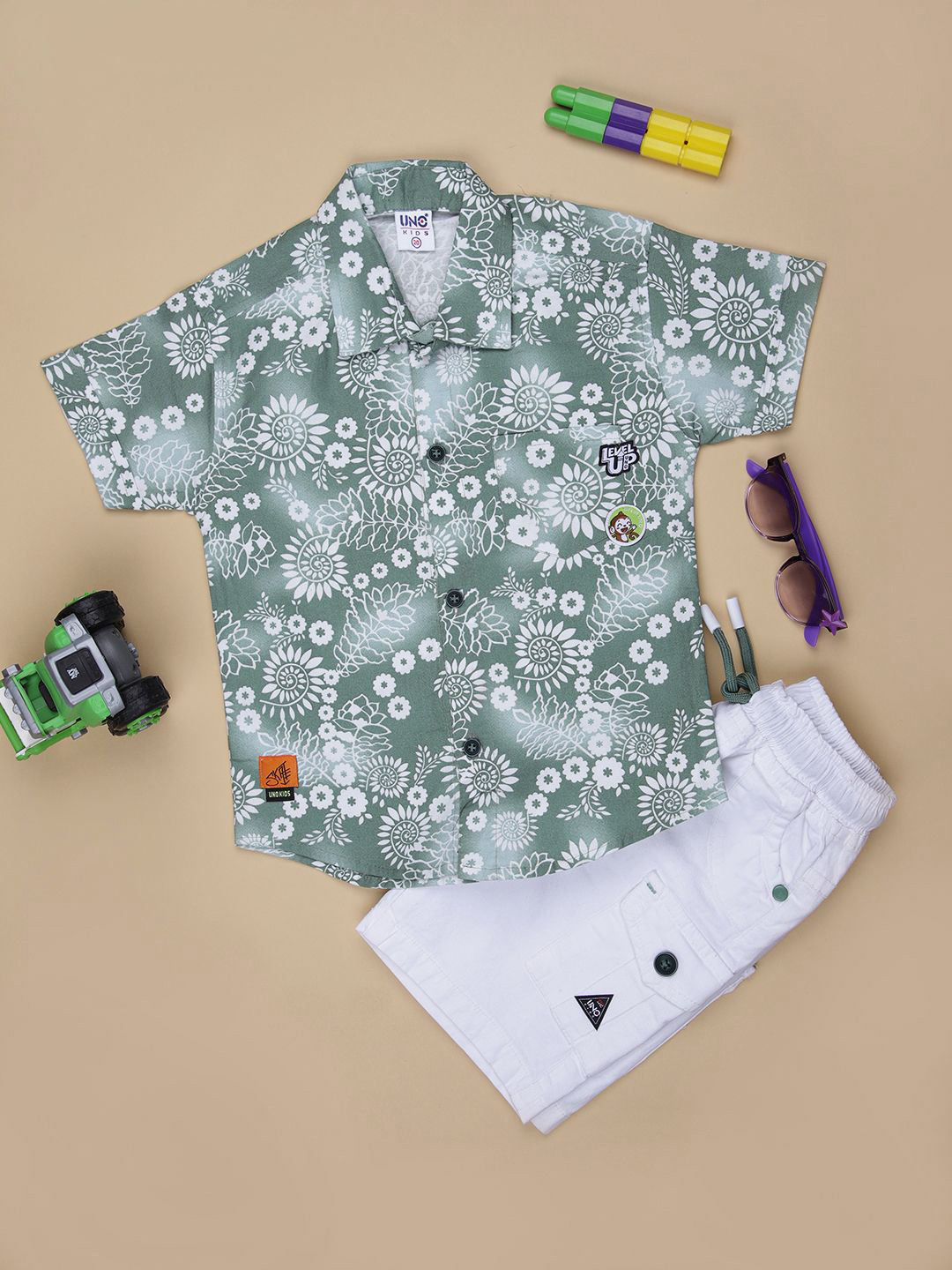 V-Mart Boys Printed Woven-Denim Round Neck Baba Suit