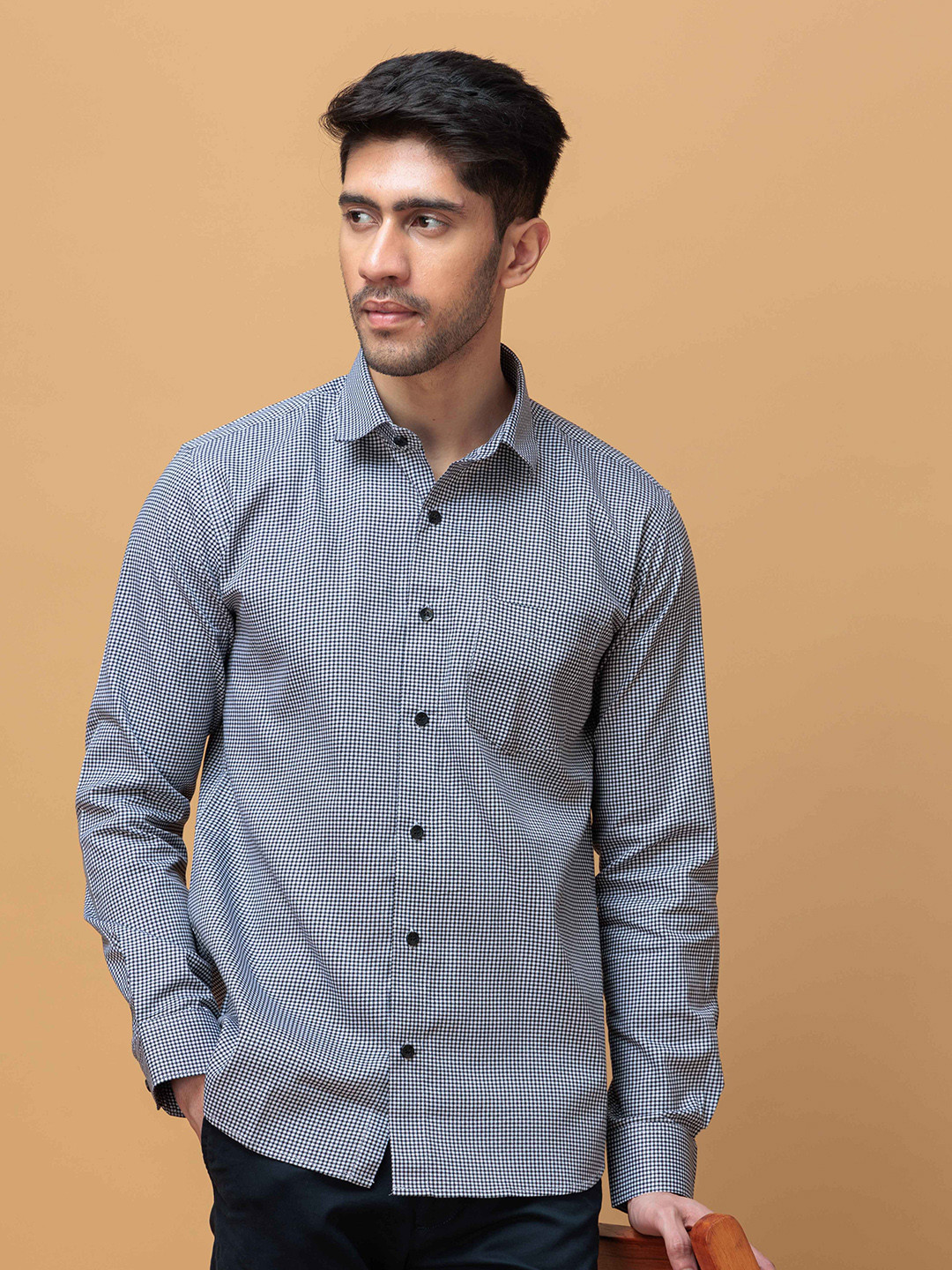 Foomer Men Standard Fit Micro Checked Spread Collar Cotton Formal Shirt
