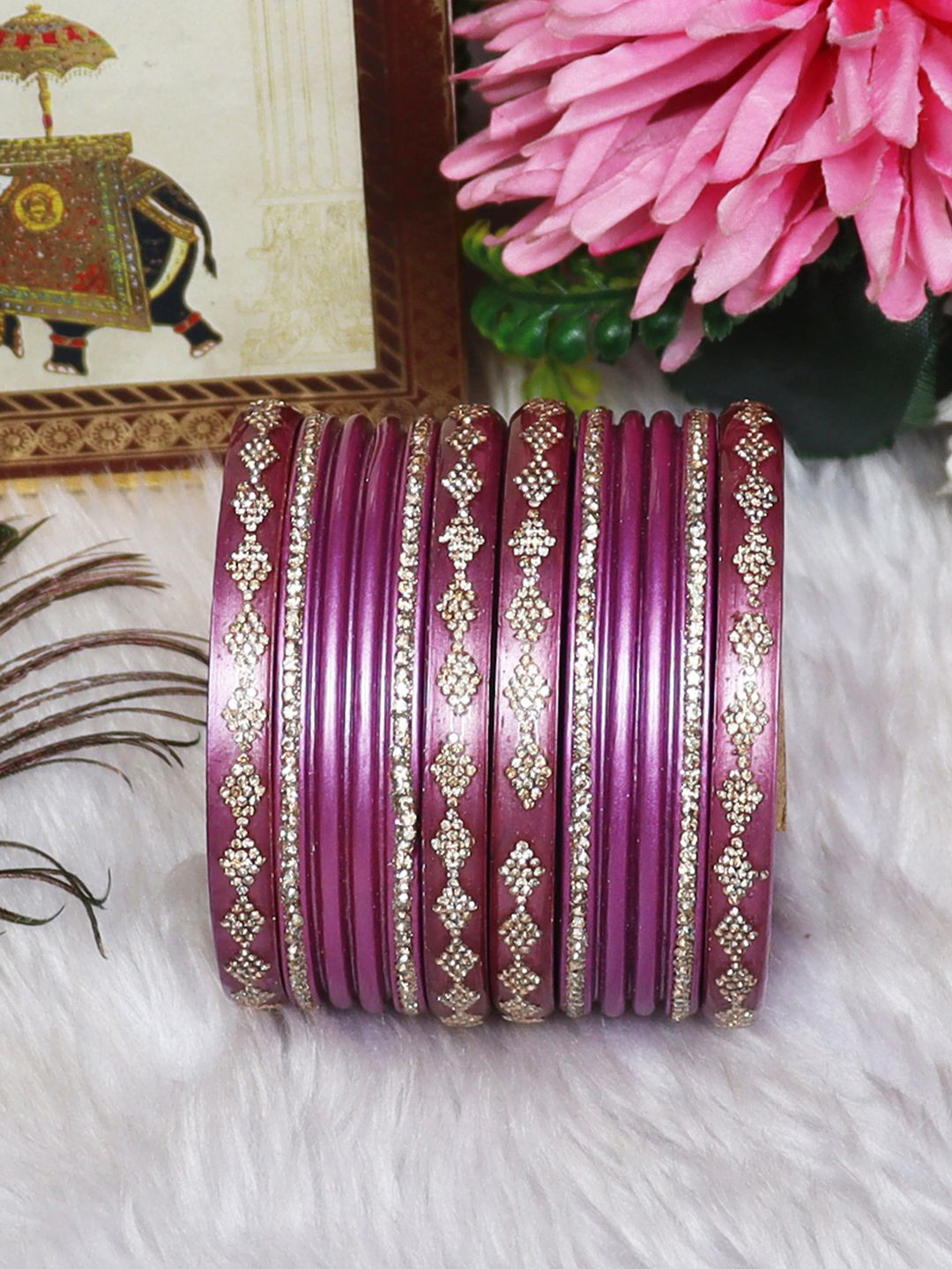 TAJ BRIDAL STORE Set of 6 Kundan-Studded Chura Bangles