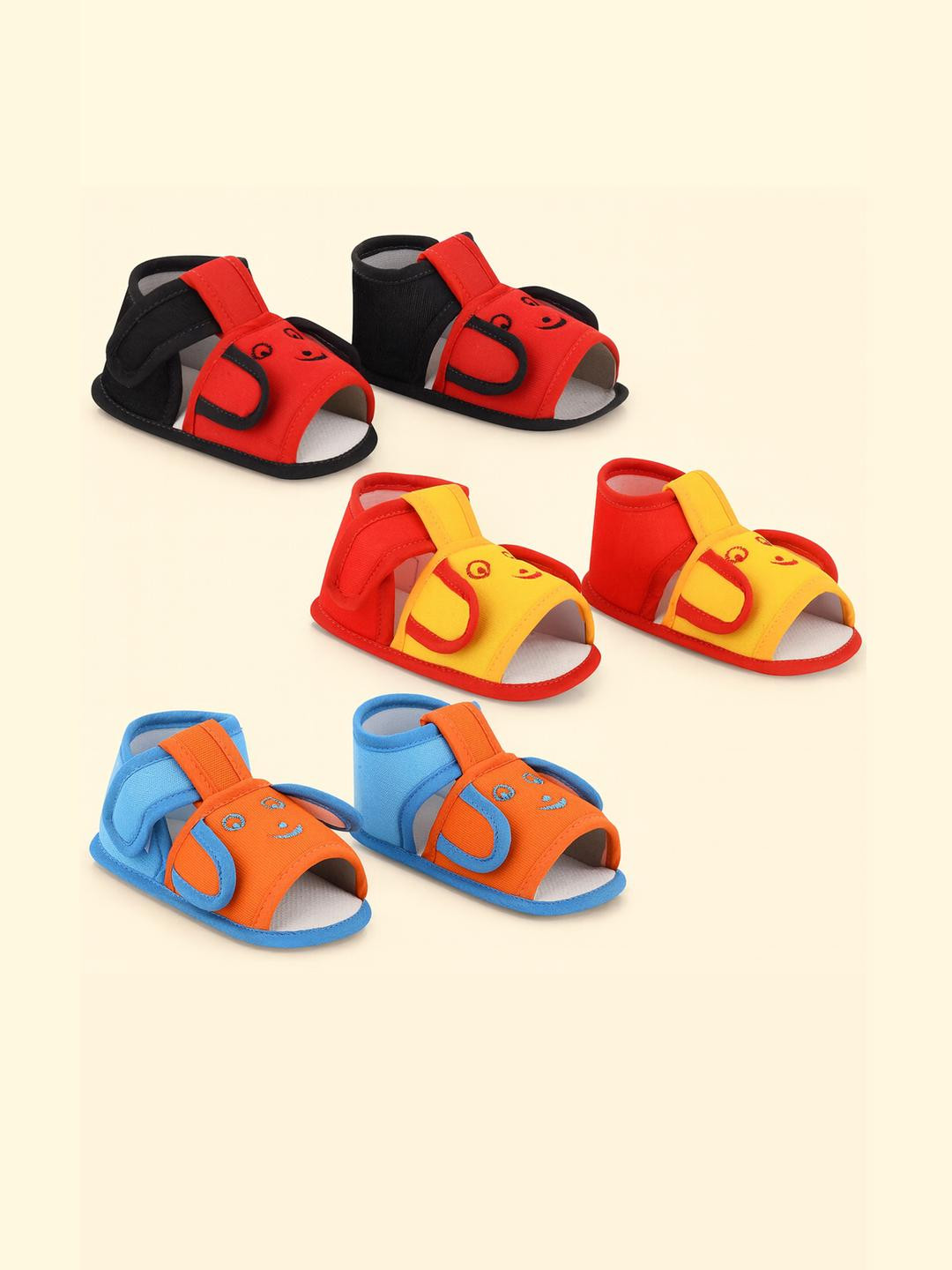 ONFEET Unisex Kids Set Of 3 Yellow and Orange and Red Velco Cotton Booties
