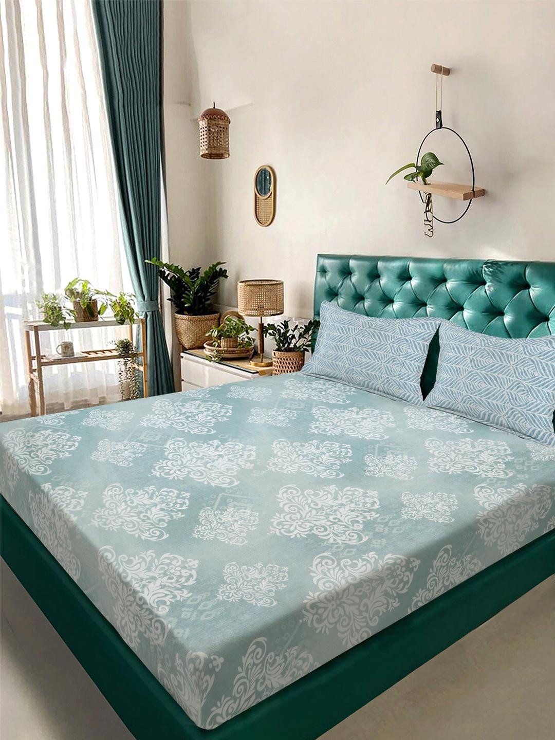 KLOTTHE Green Polycotton Floral Fine Flat 300 GSM King Bedsheets