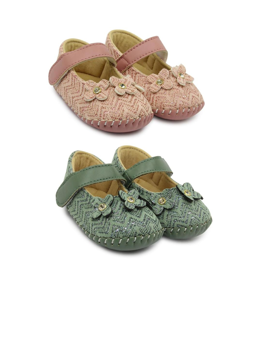 NESKA MODA Girls Pack Of 2 Peach And Green Synthetic Leather Floral Party Booties