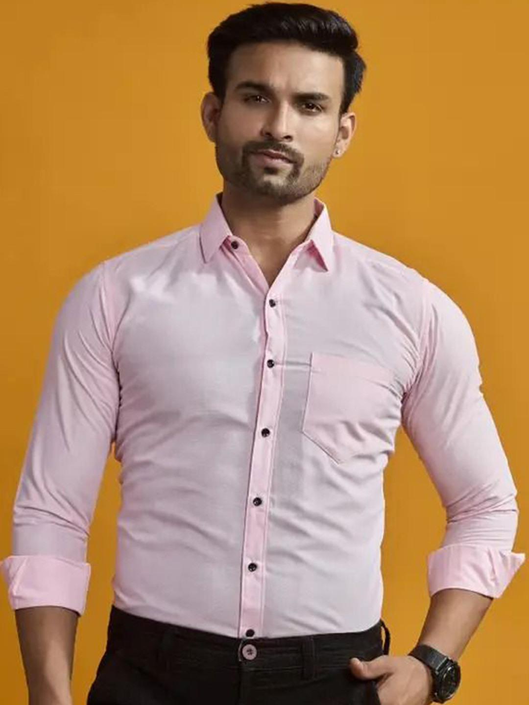 VFG Men Slim Fit Solid Spread Collar Casual Shirt