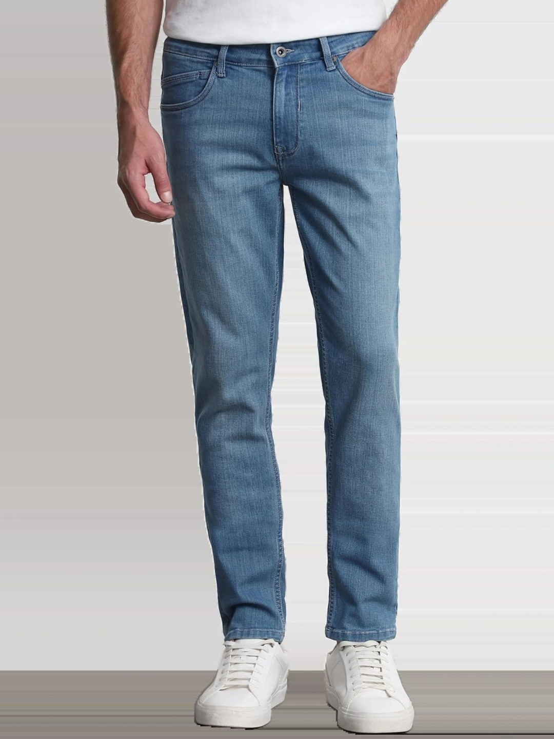 Mufti Men Whiskers and Chevrons Skinny Fit Mid-Rise Light Fade Jeans