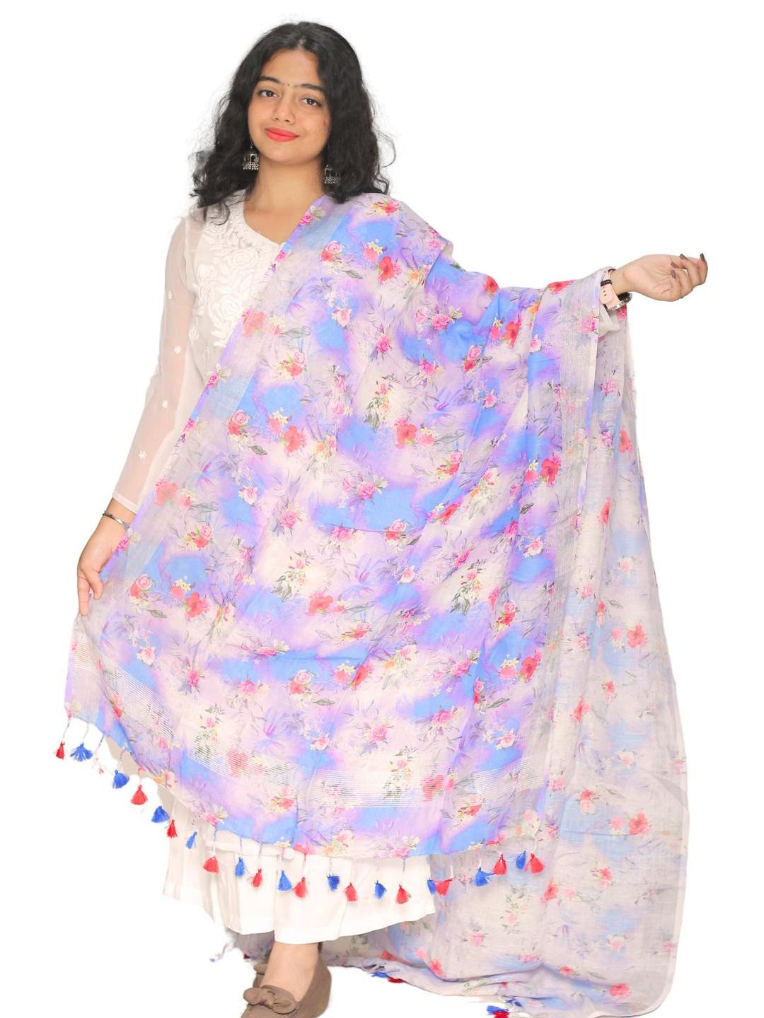 Tisser Wmen Pure Linen Digital Print with Silver Border Dupatta
