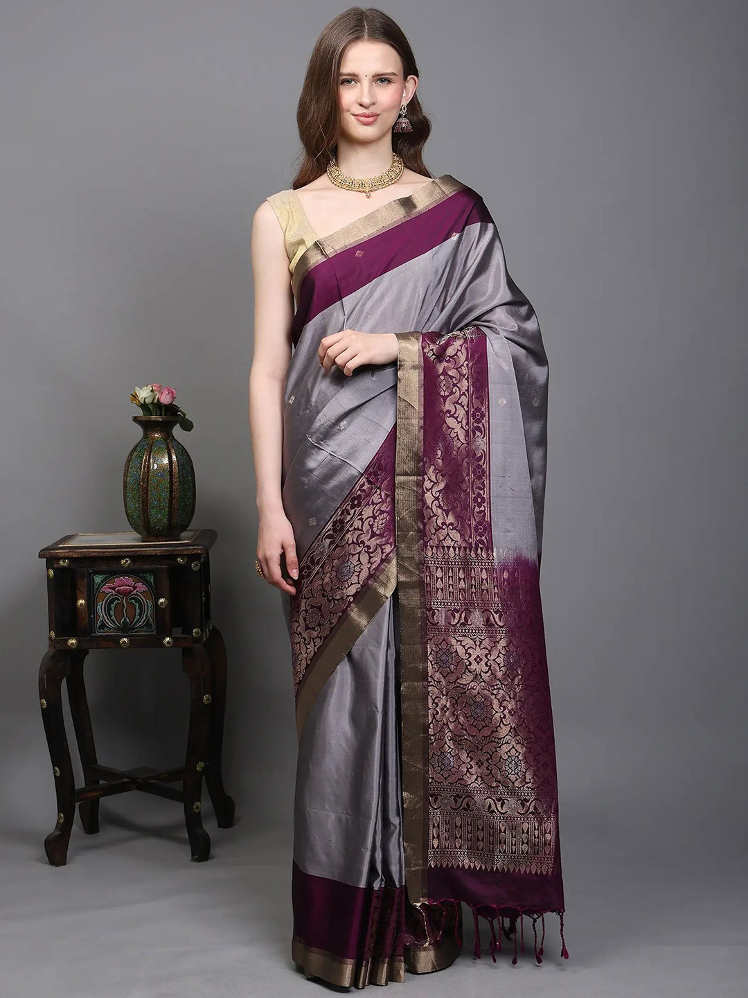 Exotic India  Saree with Zari Woven Bootis and Contrast Border-Anchal