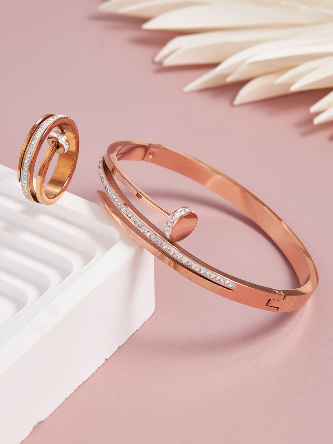 GC PREMIUM JEWELLERY Women Rose Gold Plated Studded Kada Bracelet with Finger Ring