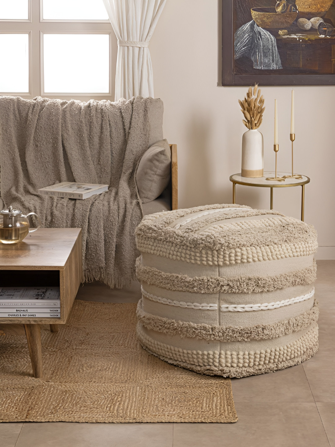 THEGASBH Off-White Textured Square Shaped Tufted Ottoman