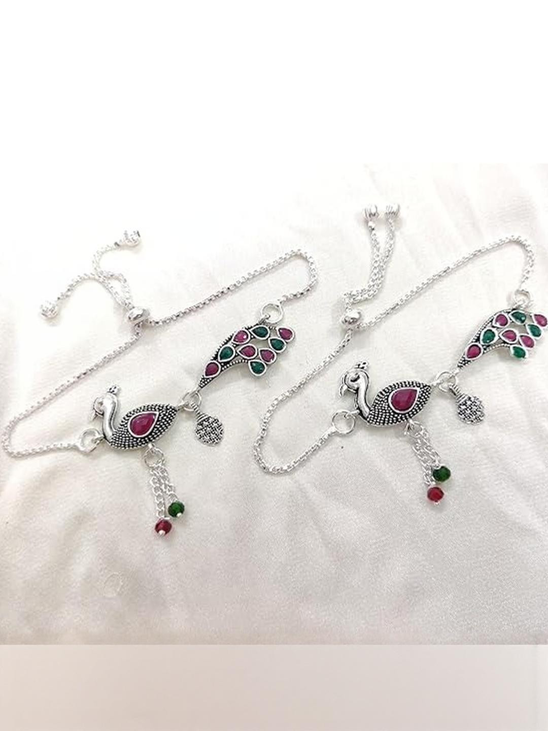 Lovemi Movements Peacock Design Anklets, Silver-Plated, Red & Green Beaded